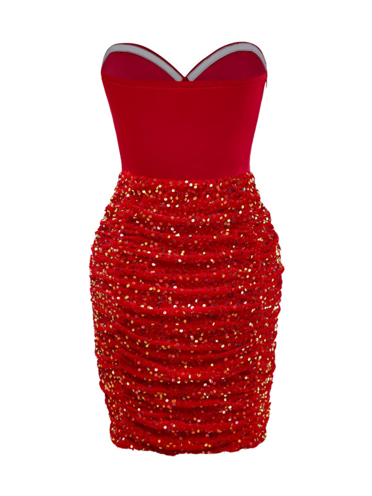 [Pré-vente] Robe moulante rouge bustier à paillettes et perles des années 1960