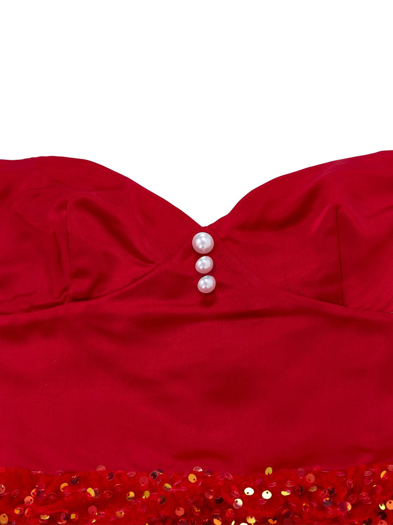 [Pré-vente] Robe moulante rouge bustier à paillettes et perles des années 1960
