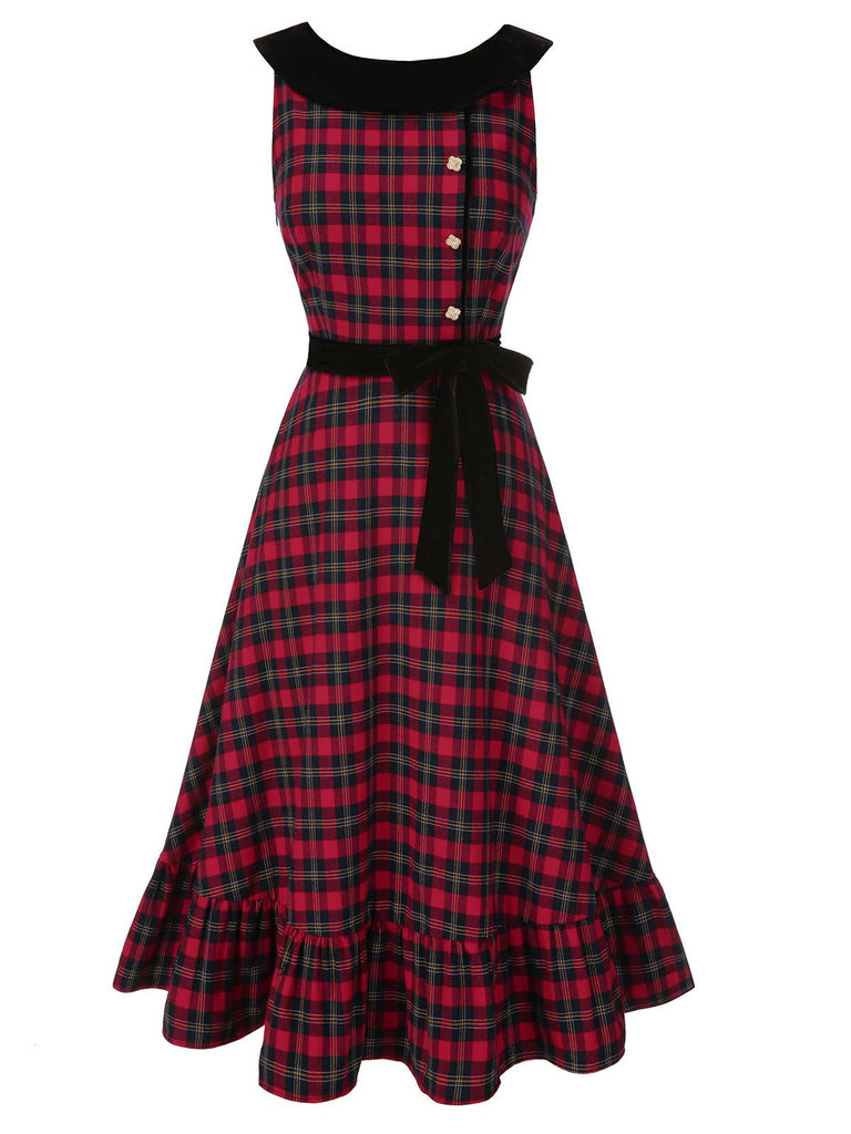 [Pré-vente] Robe à carreaux écossais rouge à volants en velours des années 1940