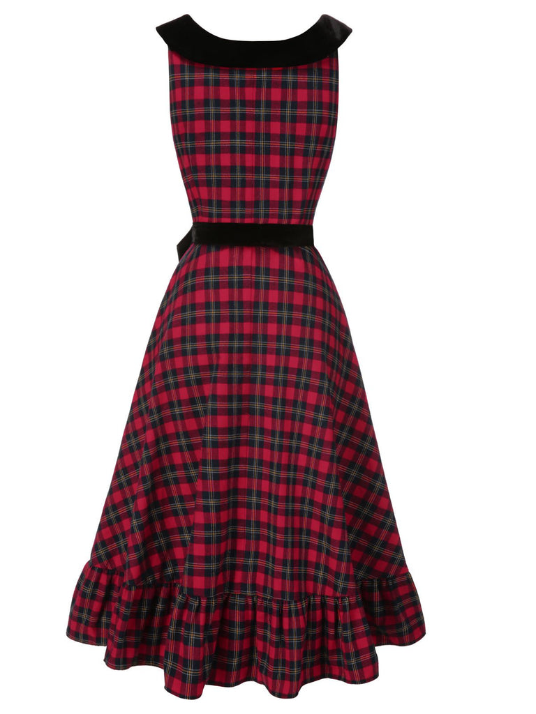 [Pré-vente] Robe à carreaux écossais rouge à volants en velours des années 1940