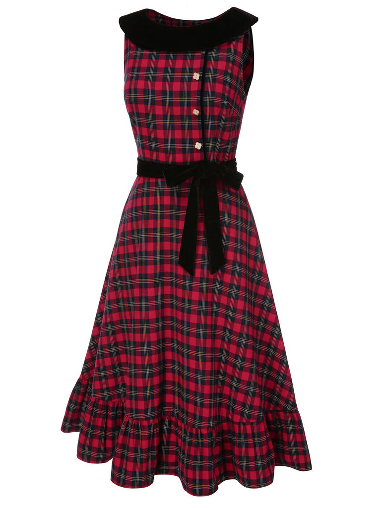 [Pré-vente] Robe à carreaux écossais rouge à volants en velours des années 1940
