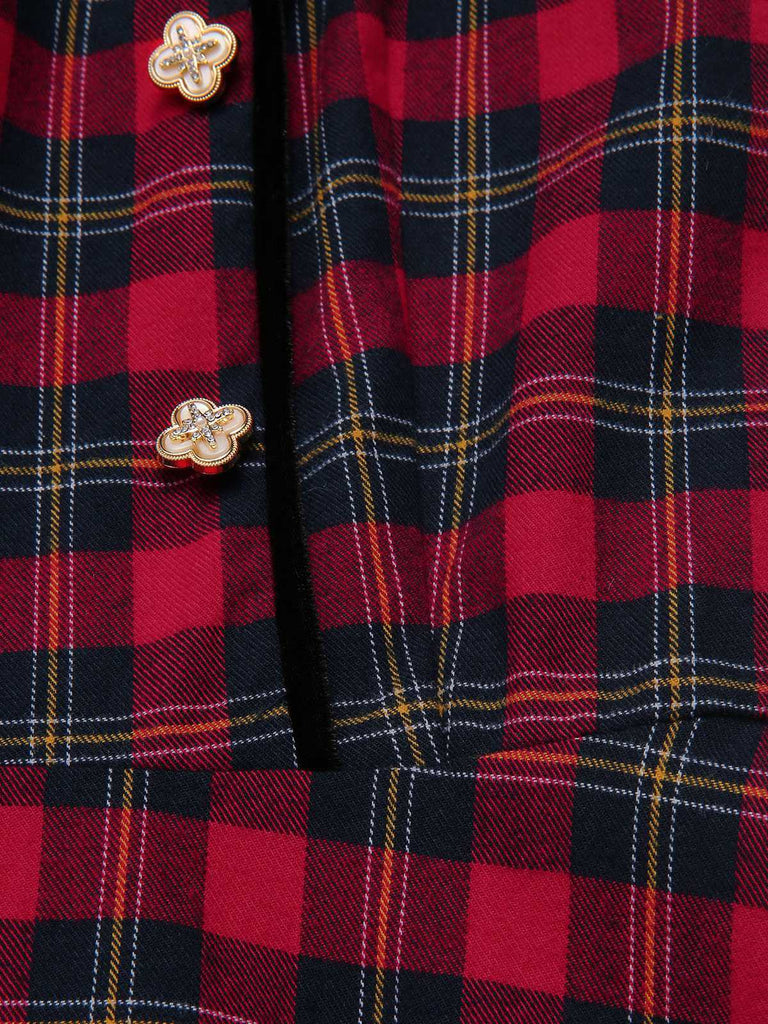 [Pré-vente] Robe à carreaux écossais rouge à volants en velours des années 1940