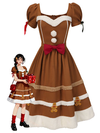 Robe en peluche bonhomme en pain d'épice couleur curcuma des années 1950