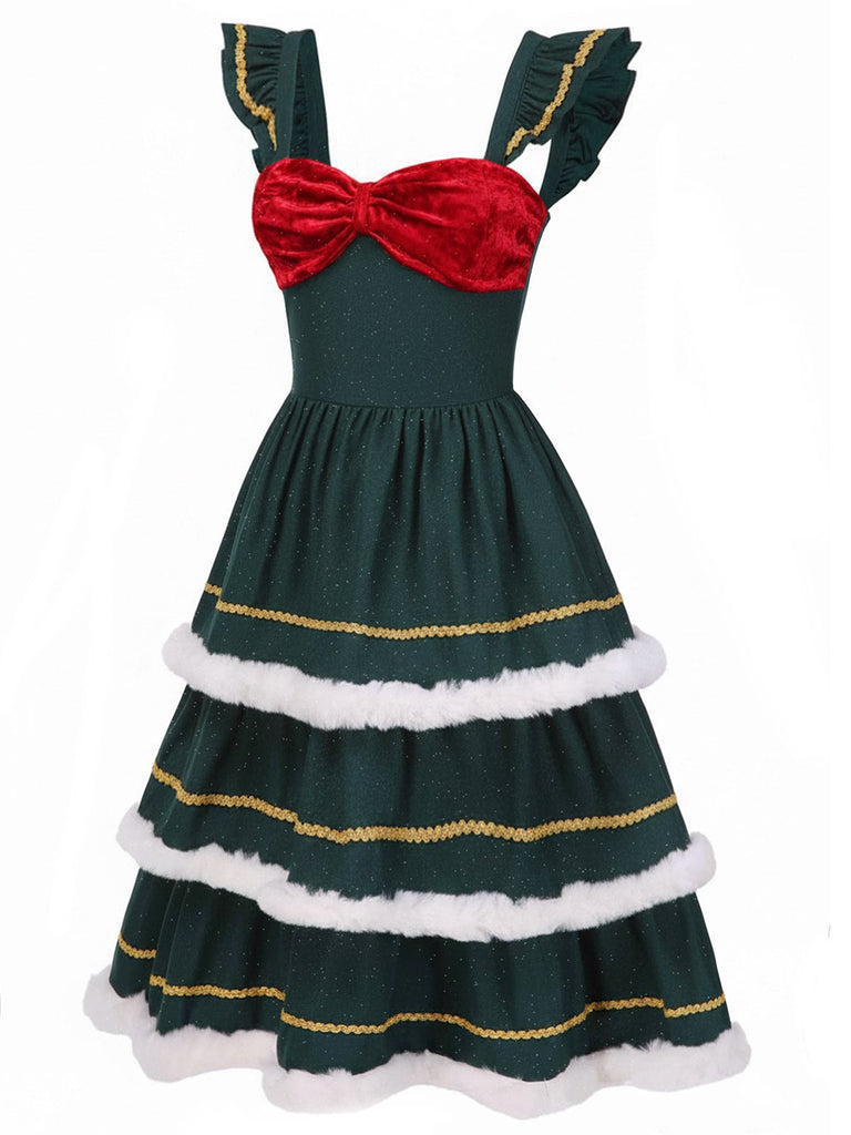 [Prévente] Robe verte nœud pailleté et bords effilochés années 1950