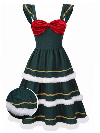 [Prévente] Robe verte nœud pailleté et bords effilochés années 1950