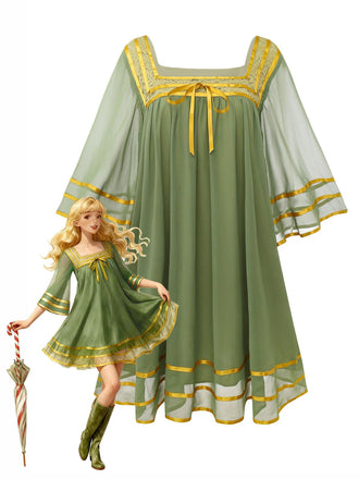 [Prévente] Robe verte et or transparente à manches cloche années 1970