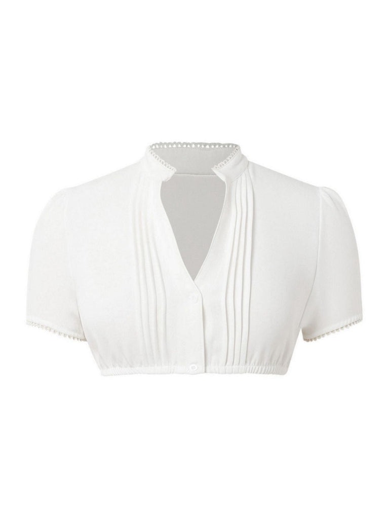 Chemisier court blanc plissé à col en V et manches bouffantes des années 1950