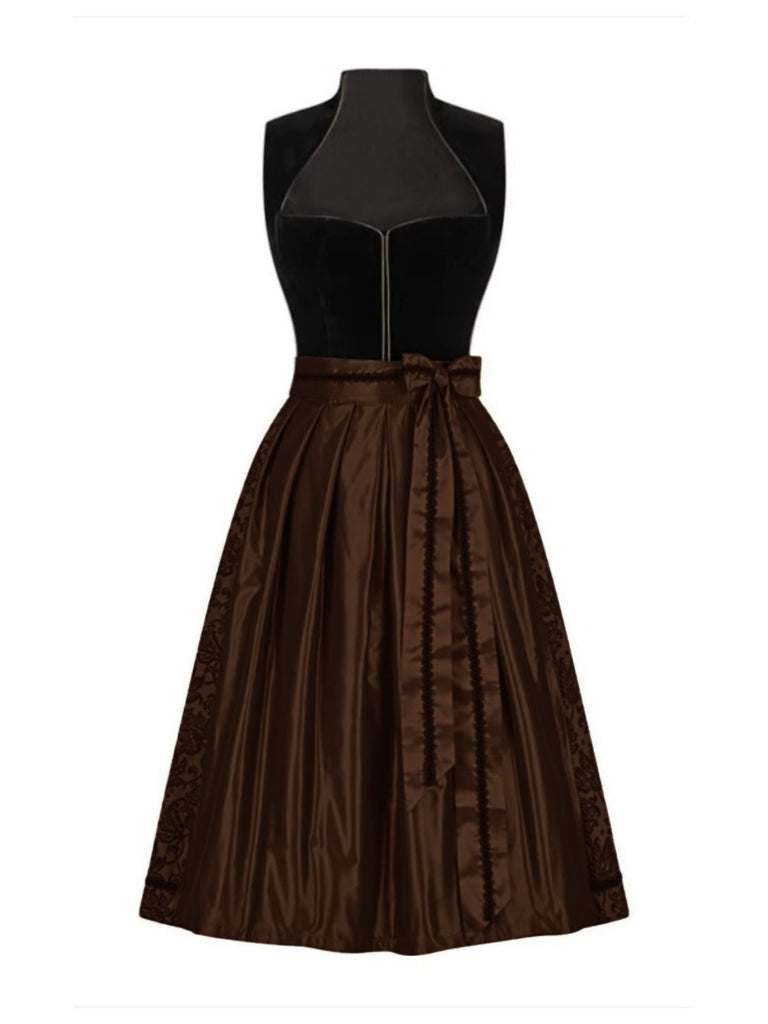 Robe marron en velours et tablier plissé en satin années 1950
