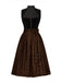 Robe marron en velours et tablier plissé en satin années 1950