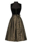 Robe marron en velours et tablier plissé en satin années 1950
