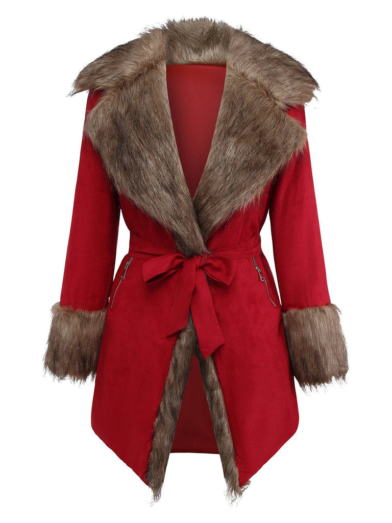Manteau à col en fausse fourrure revers et ceinture années 1950