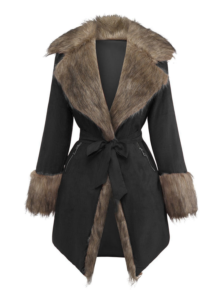 Manteau à col en fausse fourrure revers et ceinture années 1950