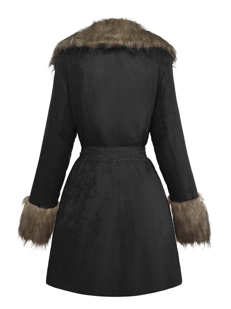 Manteau à col en fausse fourrure revers et ceinture années 1950