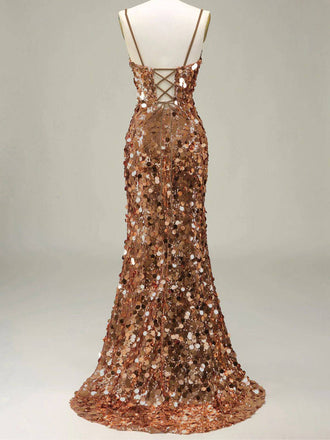 Robe de soirée longue au sol dorée à paillettes des années 1930