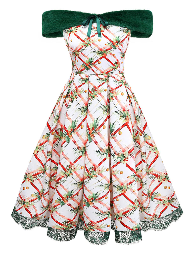 [Prévente] Robe verte à motif houx col en fourrure années 1950