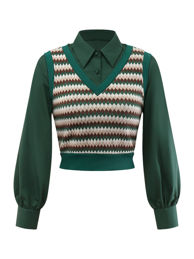 [Pré-vente] 2PCS Chemisier vert gilet tricoté années 1960