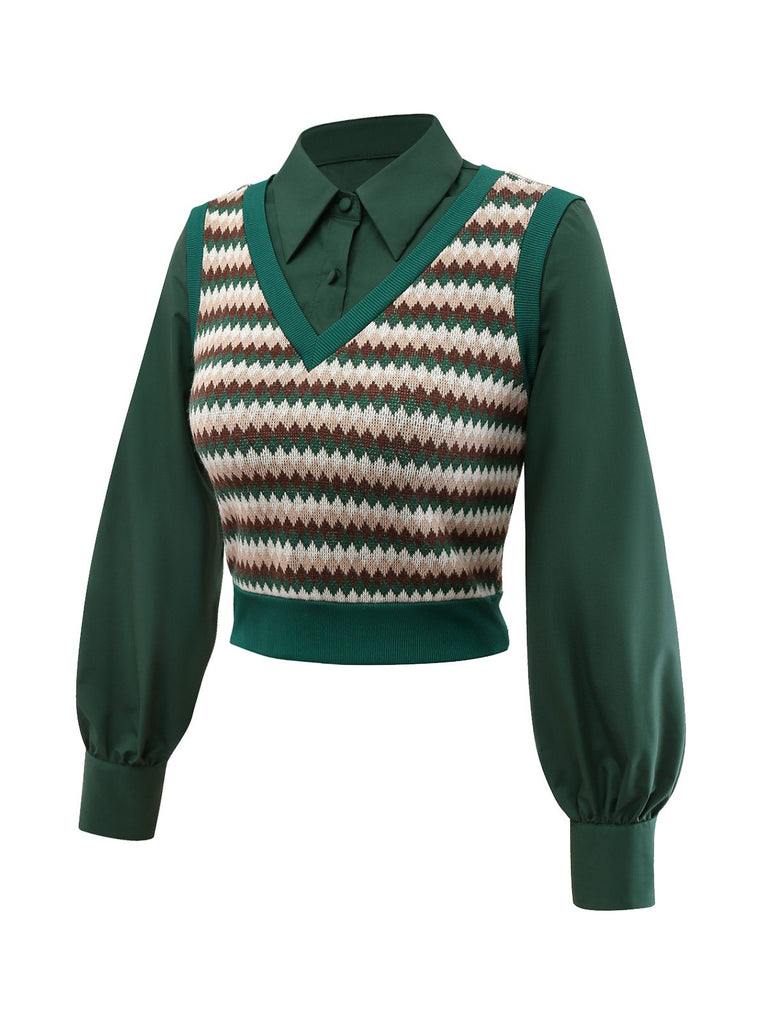[Pré-vente] 2PCS Chemisier vert gilet tricoté années 1960