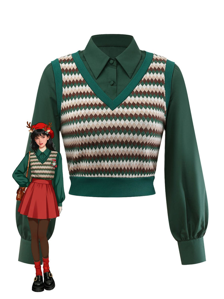 [Pré-vente] 2PCS Chemisier vert gilet tricoté années 1960