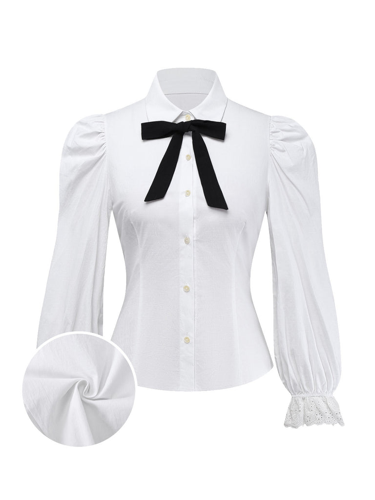 Chemisier blanche à manches bouffantes et nœud années 1960