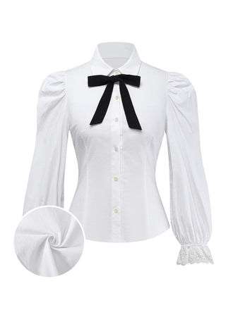 Chemisier blanche à manches bouffantes et nœud années 1960
