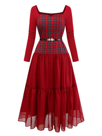 [Prévente] Robe rouge à carreaux en patchwork de maille années 1940