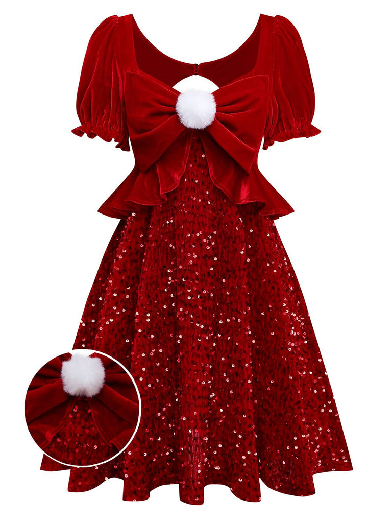 [Pré-vente] Robe rouge à paillettes avec pompon manches bouffant et dos découpée années 1980