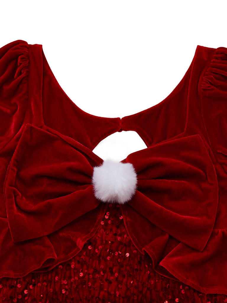 [Pré-vente] Robe rouge à paillettes avec pompon manches bouffant et dos découpée années 1980