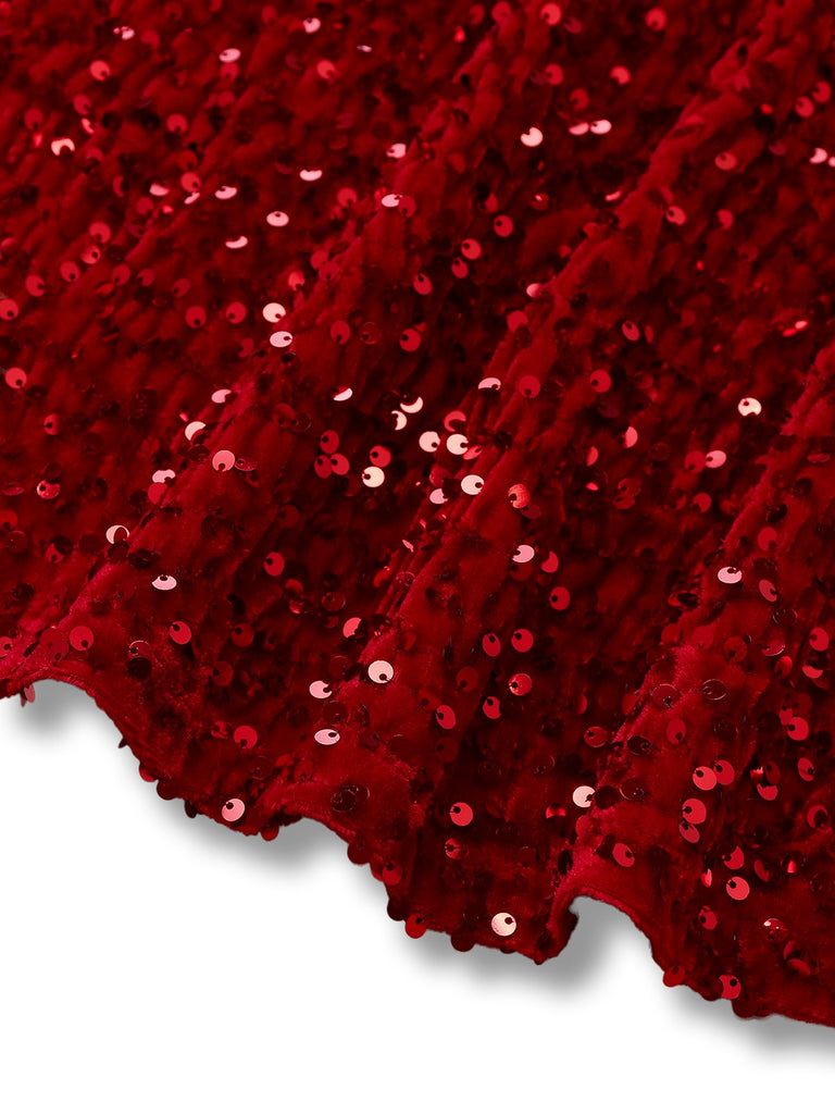 [Pré-vente] Robe rouge à paillettes avec pompon manches bouffant et dos découpée années 1980