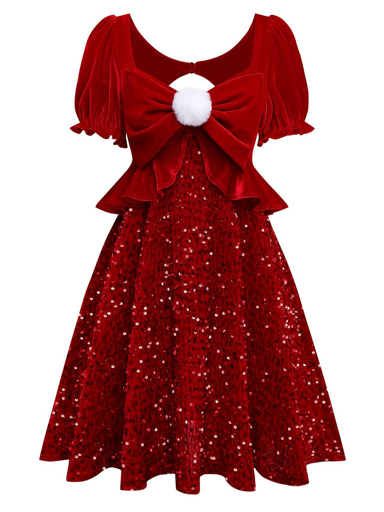 [Pré-vente] Robe rouge à paillettes avec pompon manches bouffant et dos découpée années 1980