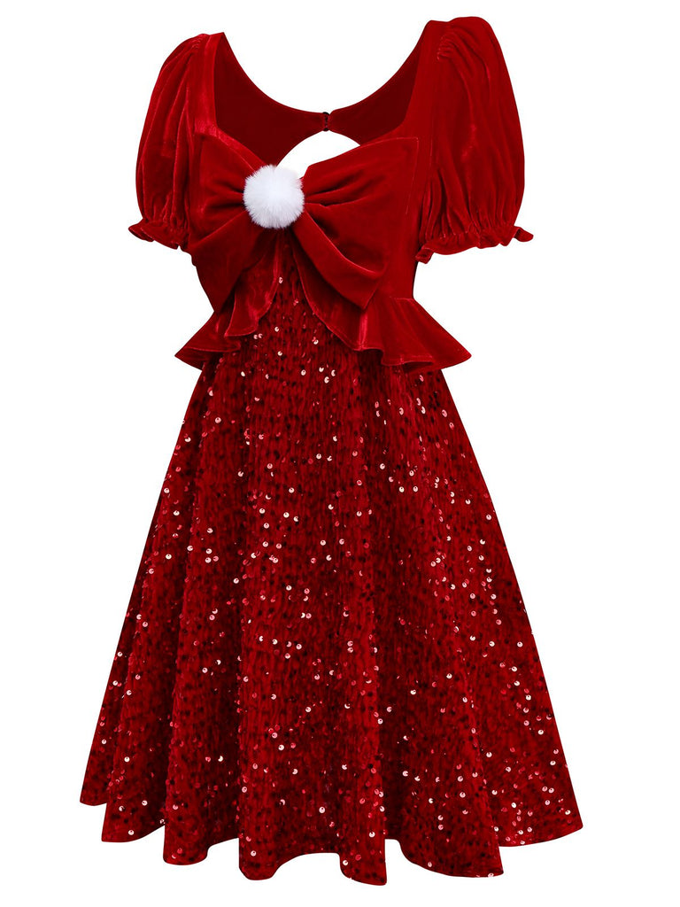 [Pré-vente] Robe rouge à paillettes avec pompon manches bouffant et dos découpée années 1980