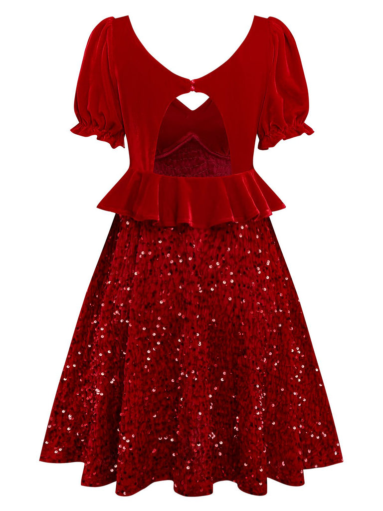 [Pré-vente] Robe rouge à paillettes avec pompon manches bouffant et dos découpée années 1980