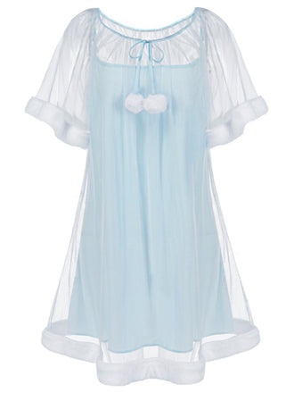 [Prévente] Chemise de nuit bleue en tulle à volants et peluche années 40