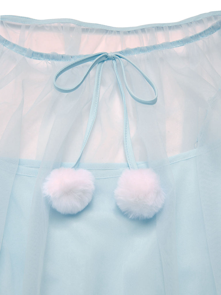 [Prévente] Chemise de nuit bleue en tulle à volants et peluche années 40