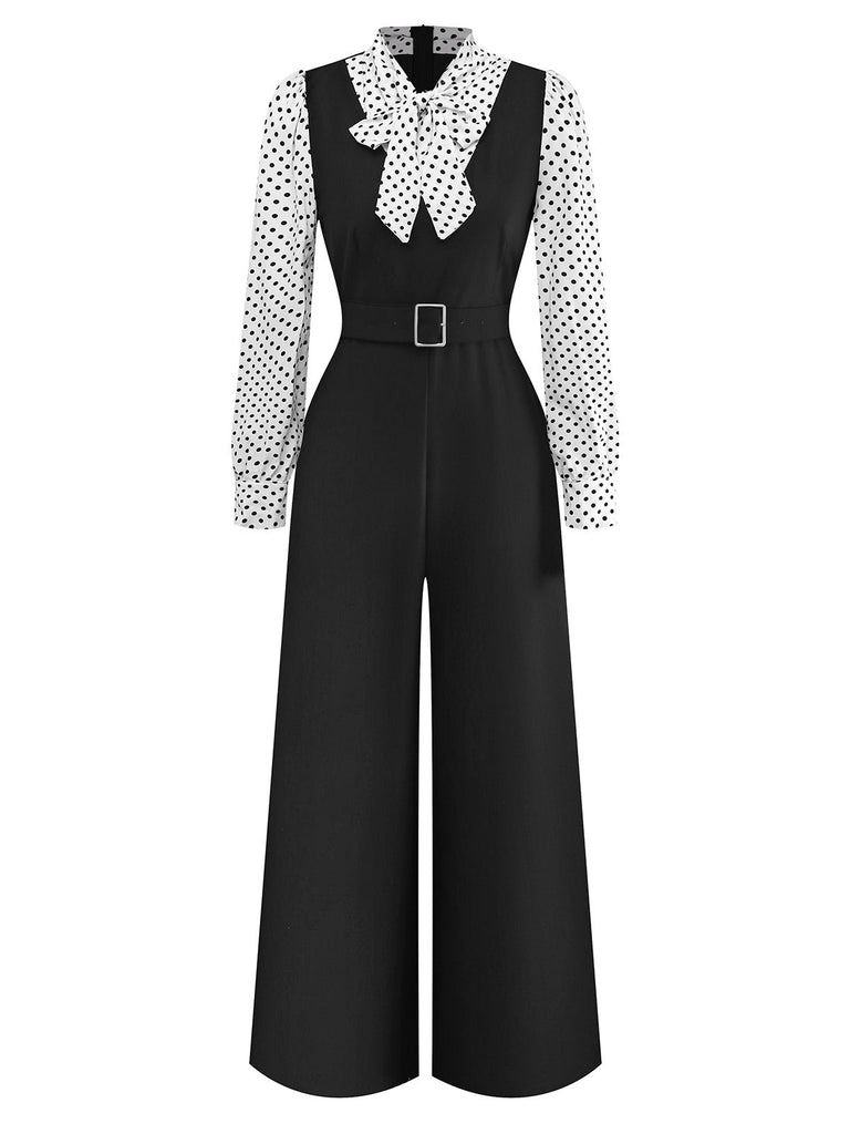 [Pré-vente] Combinaison fausse deux pièces noire à pois avec col cravate années 1940