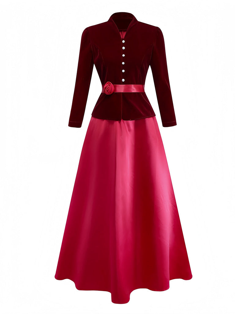 2PCS Veste en velours à col en V et jupe vin rouge années 1940