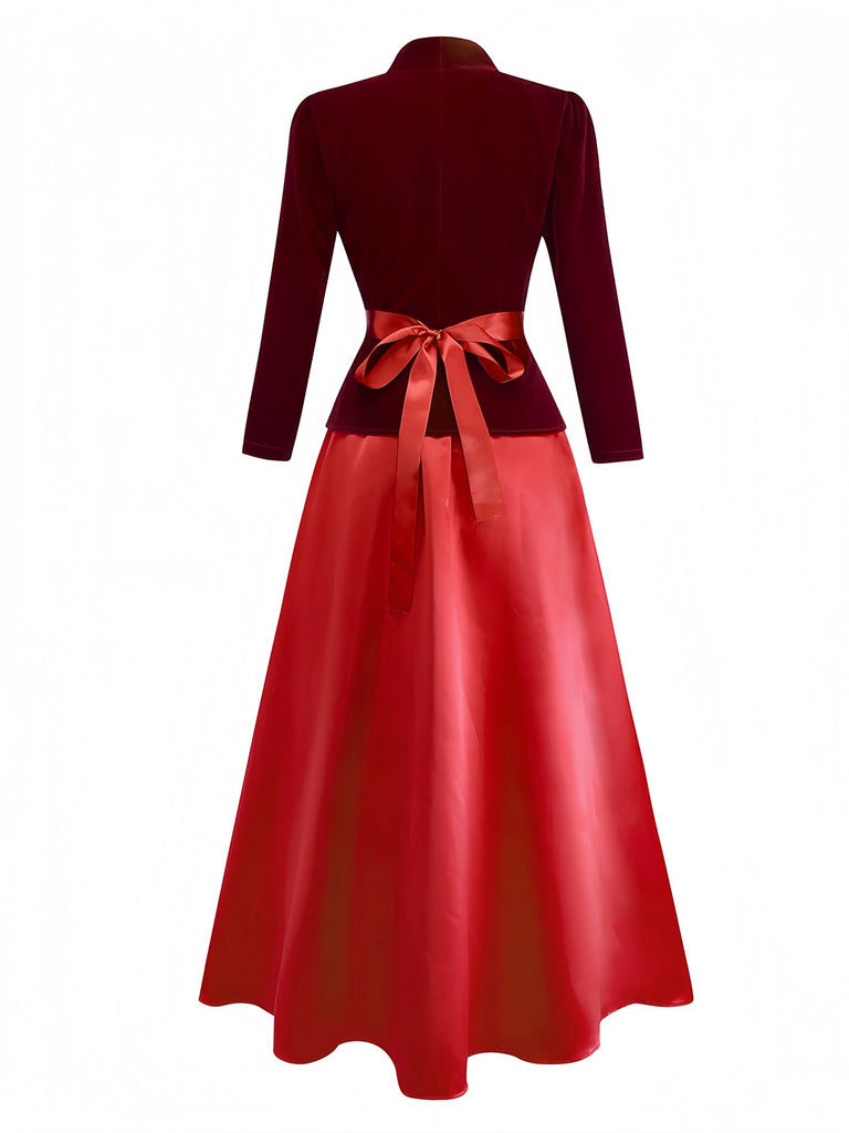 2PCS Veste en velours à col en V et jupe vin rouge années 1940