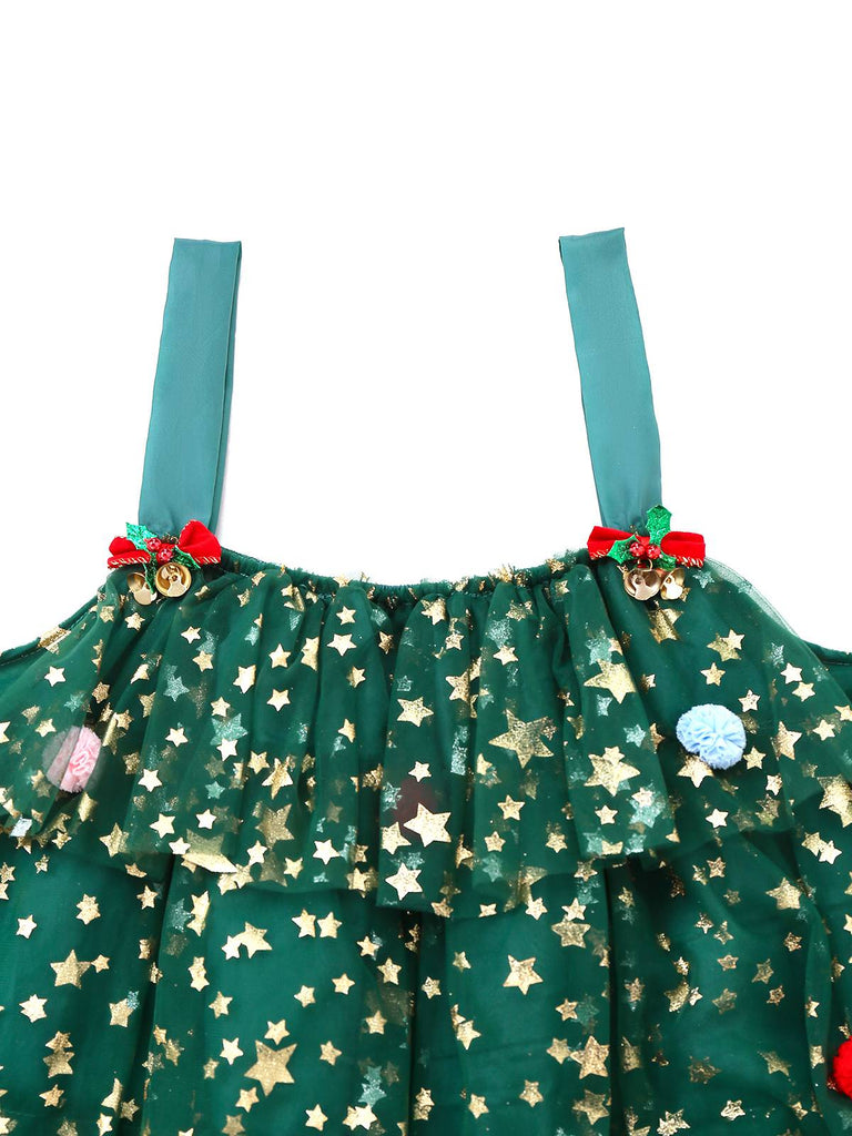 Robe en maille verte avec pompons forme d'arbre de Noël des années 1960