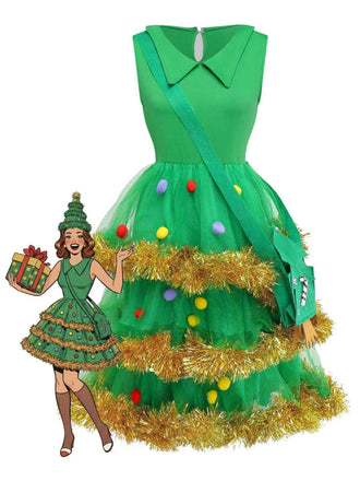 Ensemble de robe à volants vert sapin de Noël des années 1950