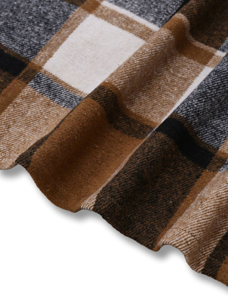 Veste kaki à carreaux manches longues coupe irrégulière années 1950