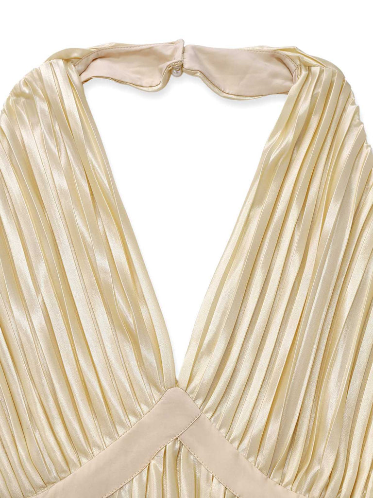 [Pré-vente] [Grande taille] Robe plissée dos nu à nœud et nœud doré champagne des années 50