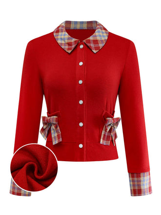 [Prévente] Cardigan tricoté à carreaux tartan rouge avec nœud papillon années 1970