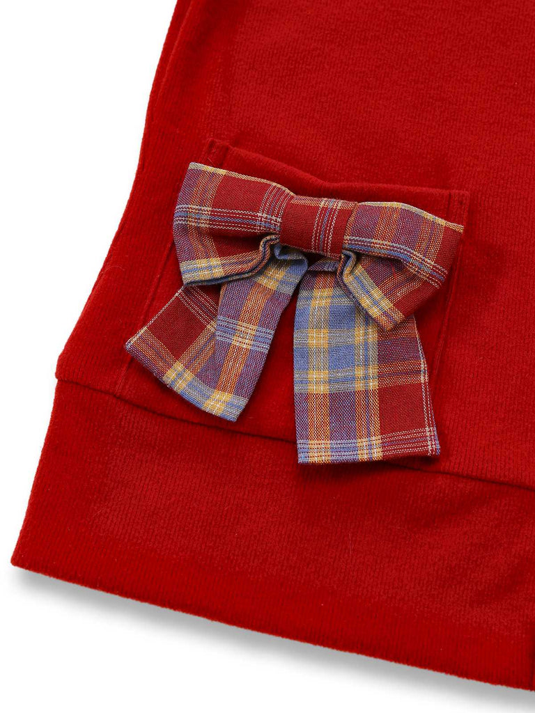 [Prévente] Cardigan tricoté à carreaux tartan rouge avec nœud papillon années 1970