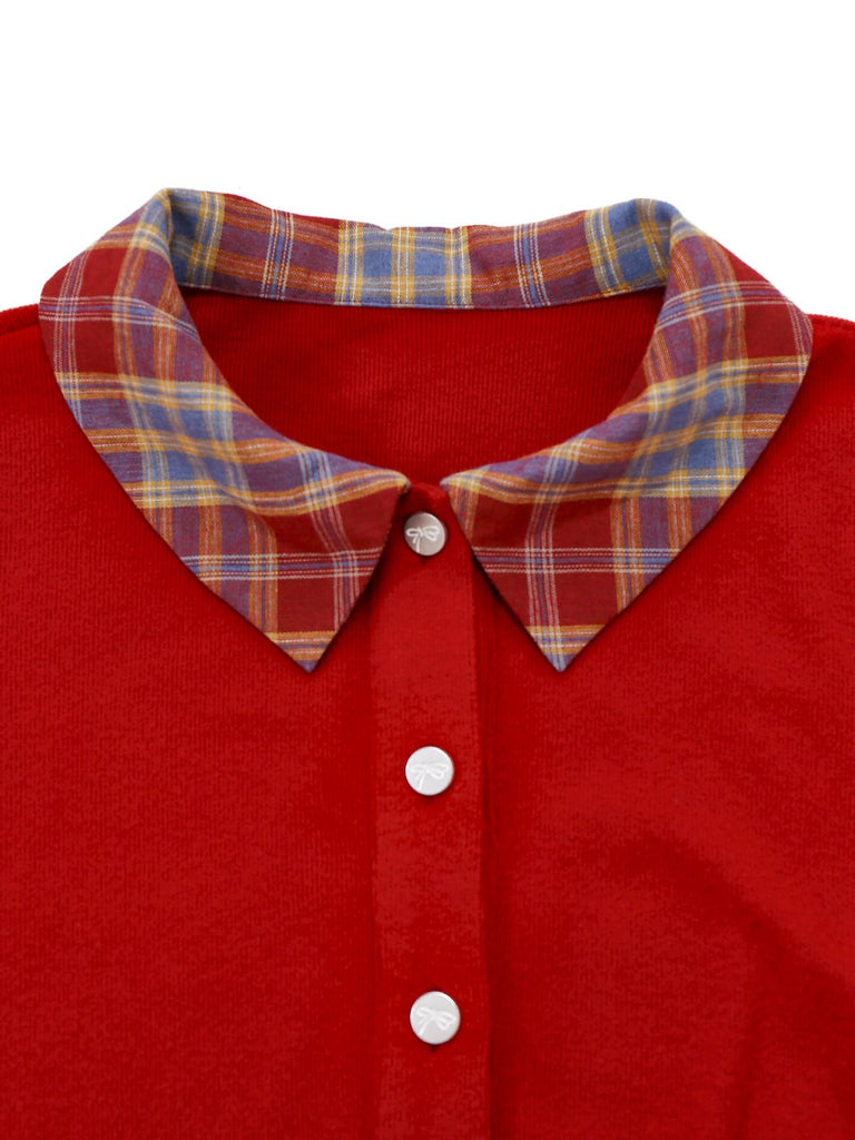 [Prévente] Cardigan tricoté à carreaux tartan rouge avec nœud papillon années 1970