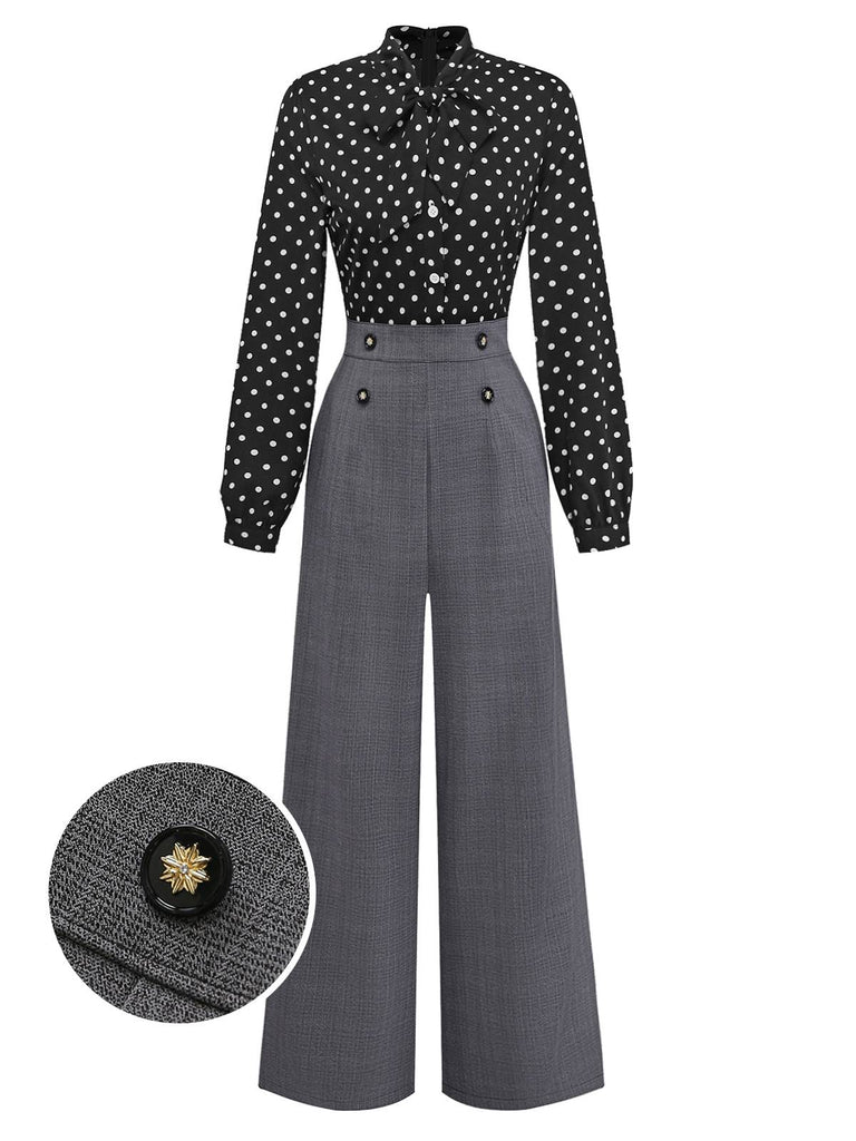 [Pré-vente] Combinaison col noué à pois patchwork noire des années 1950