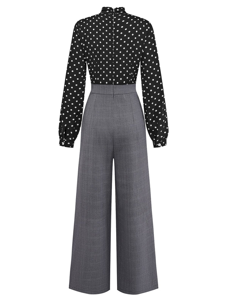 [Pré-vente] Combinaison col noué à pois patchwork noire des années 1950