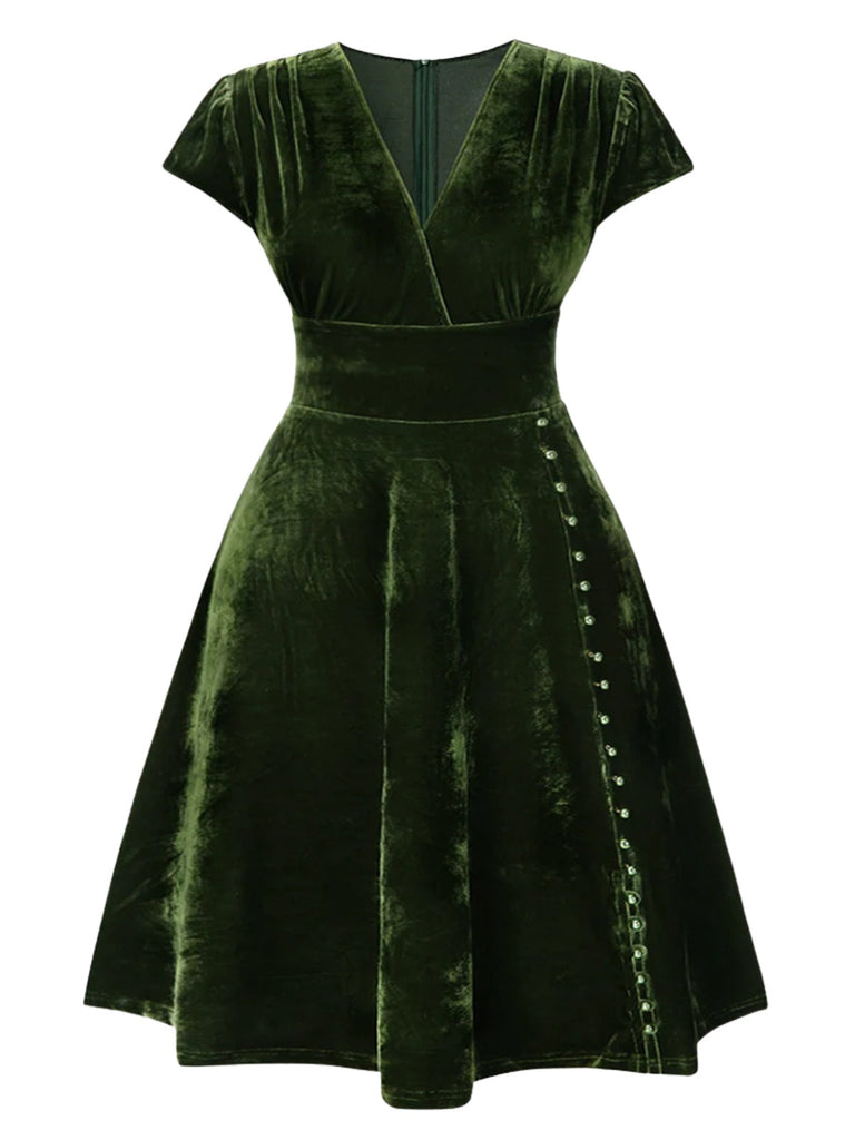 [Prévente] [Grande taille] Robe verte en velours perlé col en V profond des années 1940