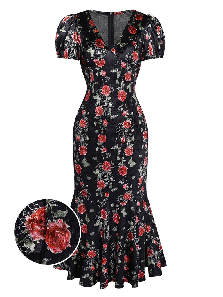 [Pré-vente] Robe en velours noire à col en V et roses années 1930