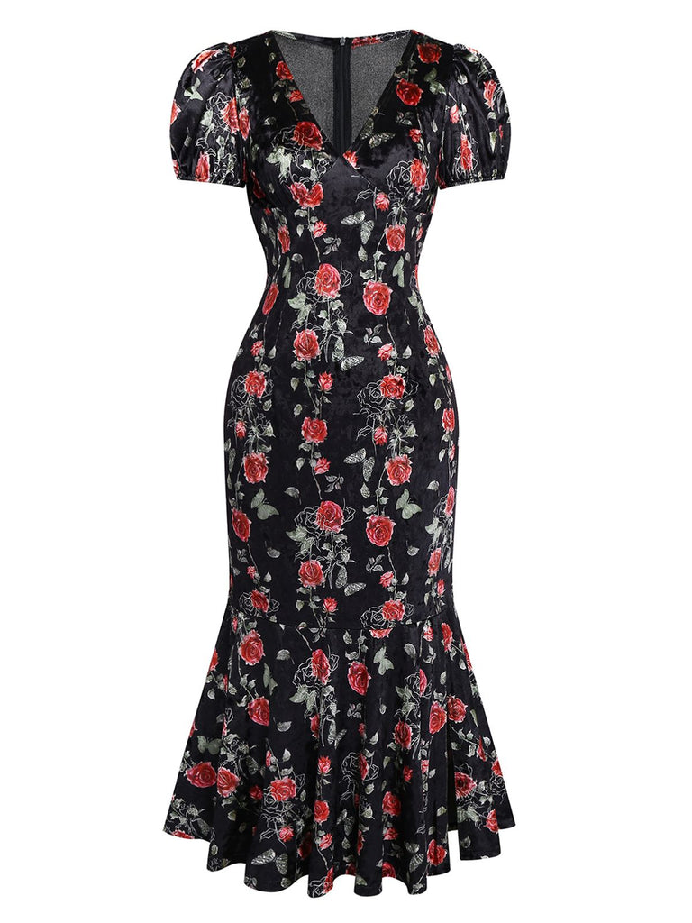 [Pré-vente] Robe en velours noire à col en V et roses années 1930