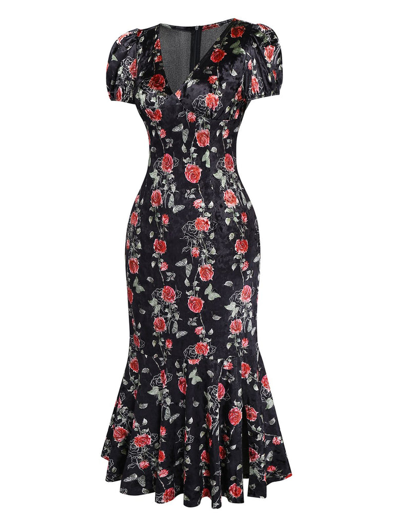 [Pré-vente] Robe en velours noire à col en V et roses années 1930