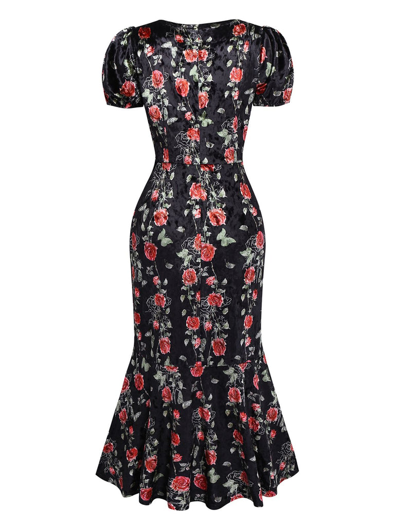 [Pré-vente] Robe en velours noire à col en V et roses années 1930